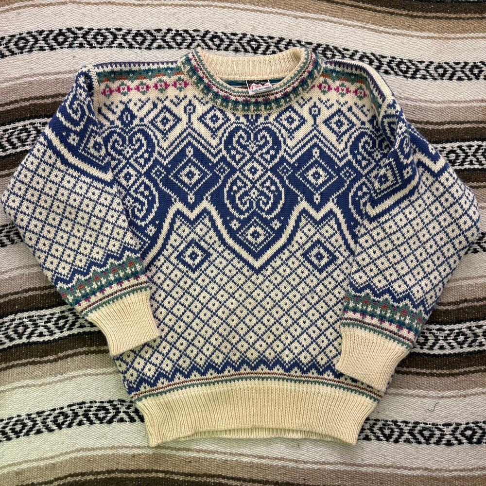Vintage Dale of Norway Blue White Nordic Wool Crewneck Pullover Sweater Sz Small